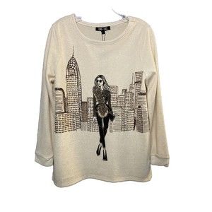 LOVE+LACE Womens Soft Stretch Studded Beige‎ Sweater City Skyline Size L